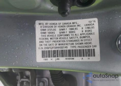 2017 Honda Civic Lx from USA, damaged, VIN 2HGFC2F5XHH502149